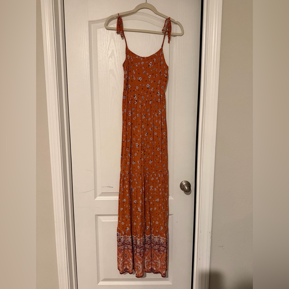 Altar'd State Burnt Orange Floral Tie-Shoulder Maxi Dress